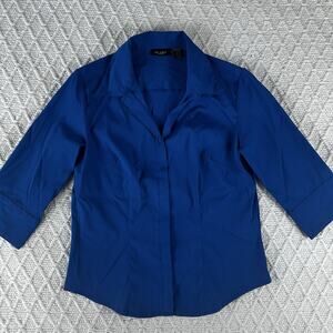 At Last Women's Stretch Button Front Blouse Medium Blue 3/4 Sleeve Vintage Y2K